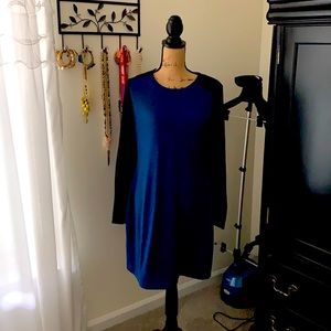 Tahari blue knit dress faux leather detail sz 10